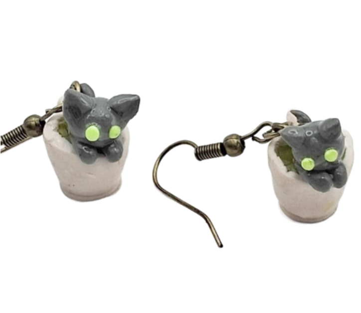 Black Cats in Coffee Cups Drop Earrings