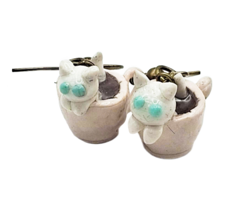 White Cats in Coffee Cups Drop Earrings